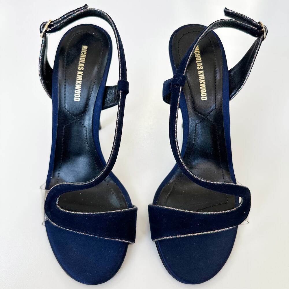 Nicholas Kirkwood Sandals Heels Navy Blue Suede Slingback Glitter Trim PVC 36